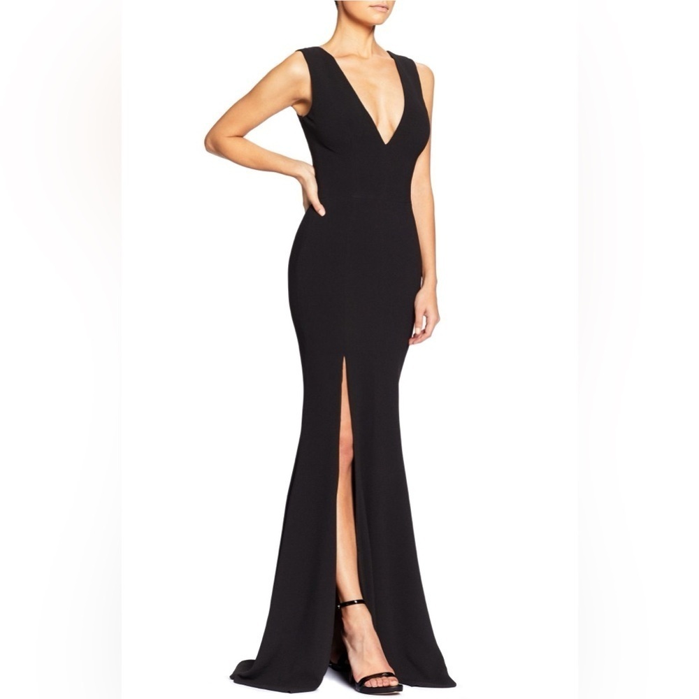 NWT * Dress the Population Sandra Plunge Crepe Trumpet Gown Dress Mermaid Small